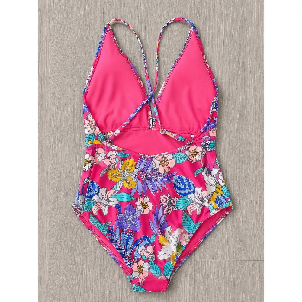 No Boundaries Girls Pink Tropical Floral One Piece Swimsuit Mesh Sides M 7-9